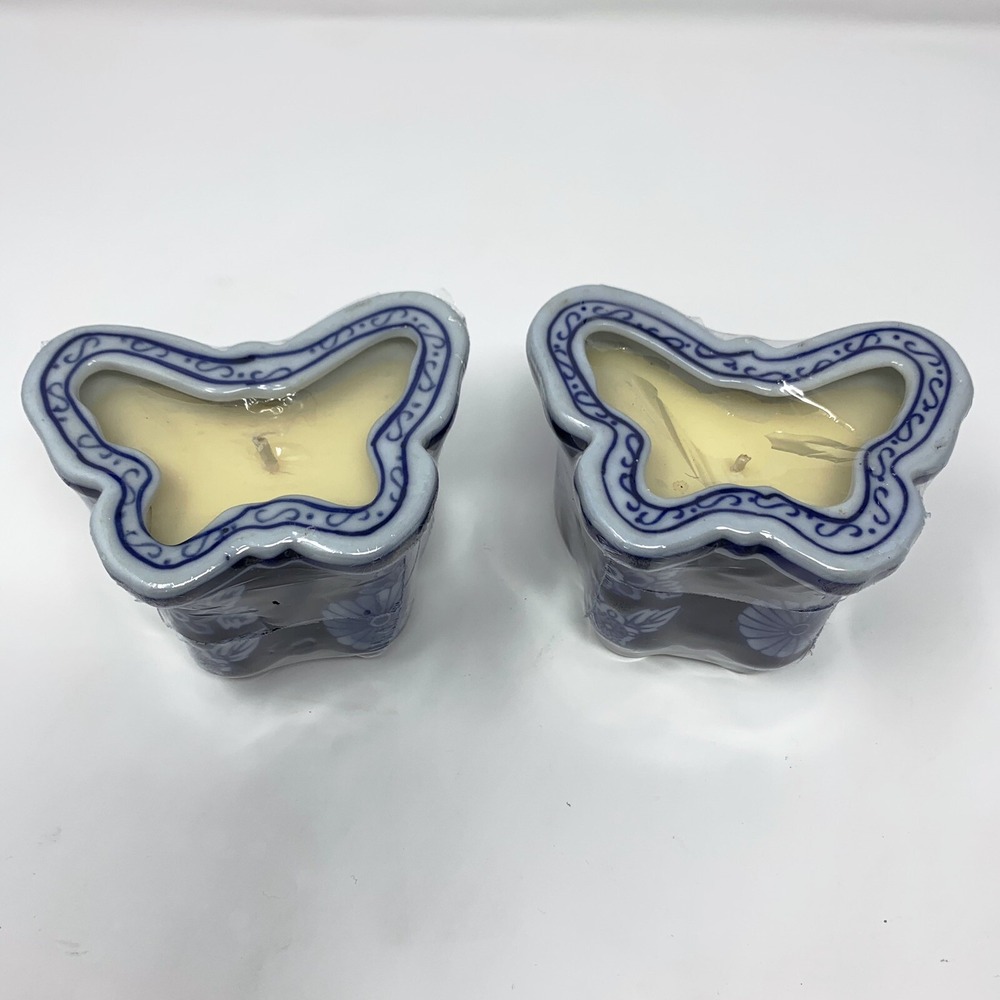 Set of 2 Bombay Company Cobalt Blue & White Butterfly Candles Holder 3" Ceramic